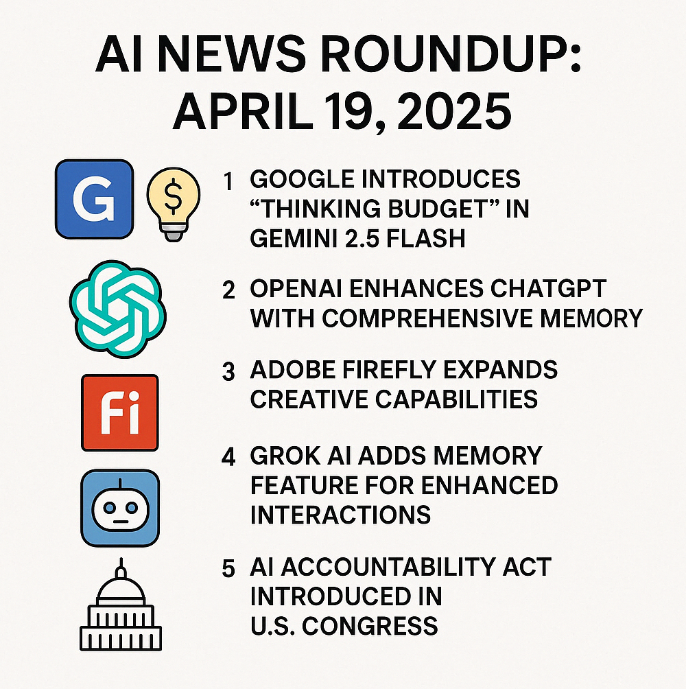 AI News Roundup infographic showing top 5 artificial intelligence headlines for April 19, 2025