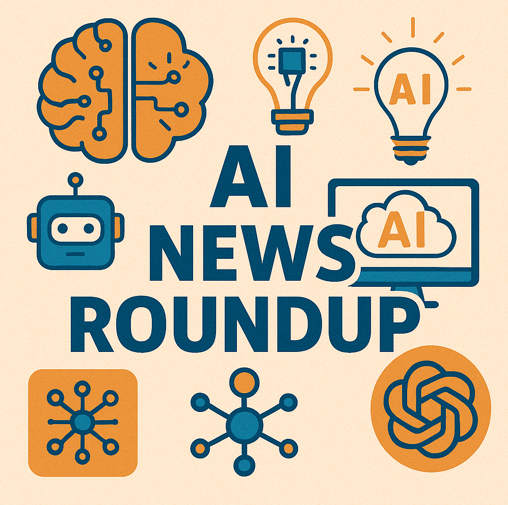 AI News Roundup infographic with icons of a brain, robot, cloud, and lightbulbs in a retro flat design