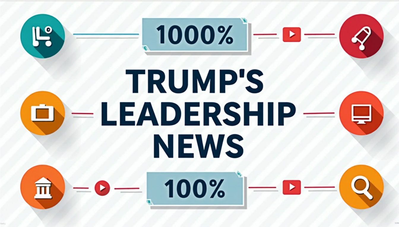 Infographic with the text 'Trump's Leadership News' centered on a vibrant orange-to-blue gradient background, designed for social media posts on Facebook and Twitter, promoting PJ Chavaux’s daily leadership updates.