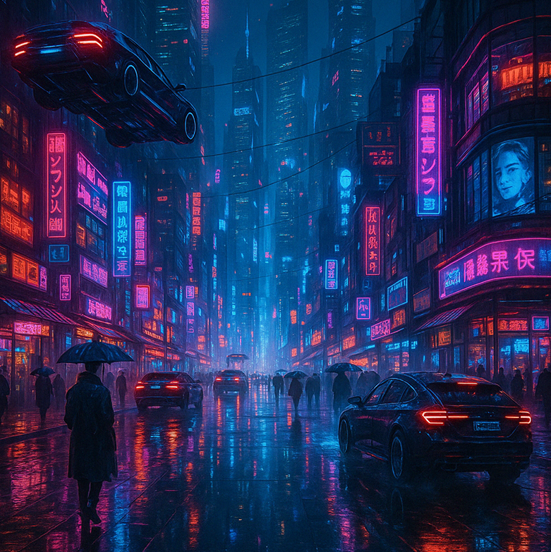 Cyberpunk city at night with neon lights, flying cars, and reflective wet streets