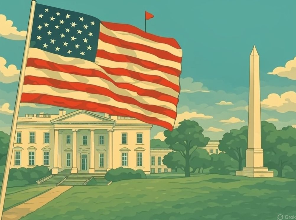 Infographic of U.S. Flag, White House, and Washington Monument symbols in a patriotic design